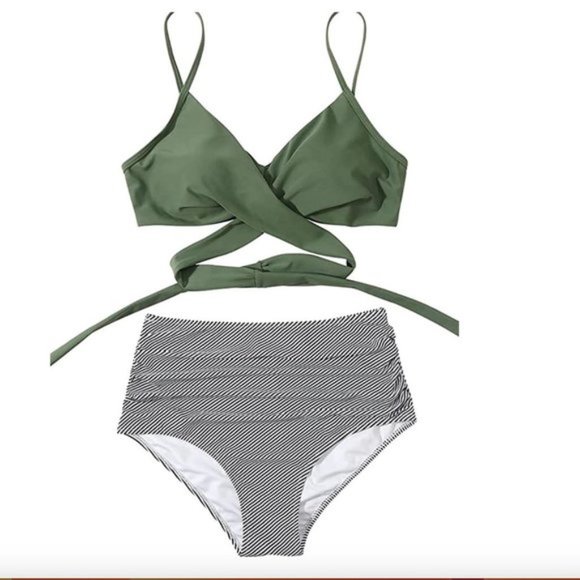 Olive Striped Twist Front High Waisted Bikini Swimsuit - Picture 6 of 6